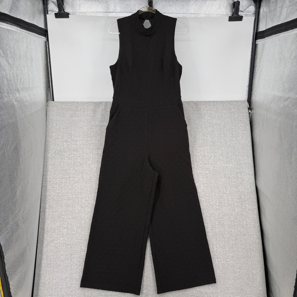 Eva Franco Black Sleeveless Mock Neck Wide Leg Jumpsuit Womens M Textured Goth‎